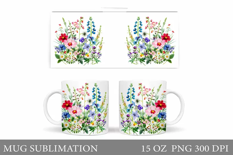 Flowers Mug Wrap Design. Wildflowers Mug Sublimation