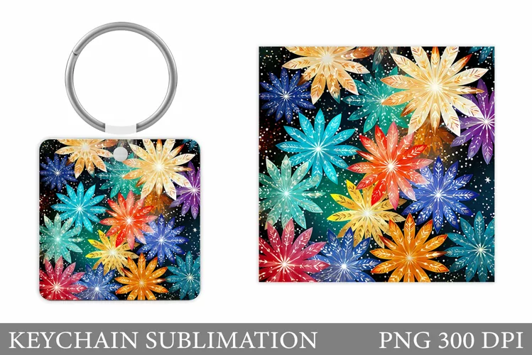Colorful Snowflakes Keychain. Snowflakes Square Keychain