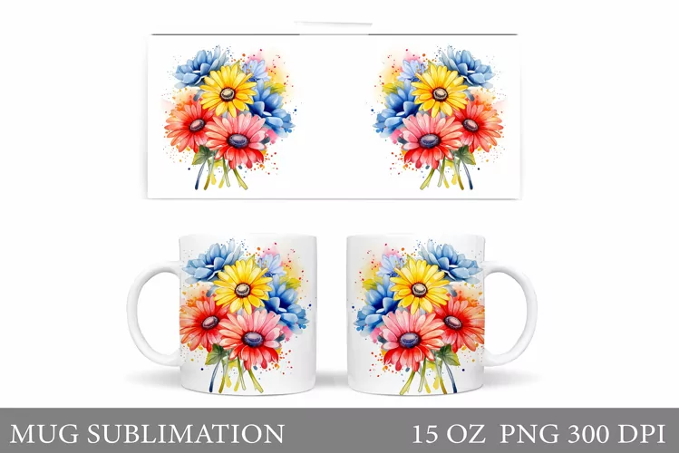 Gerbera Flowers Mug Sublimation. Daisy Flowers Mug Wrap