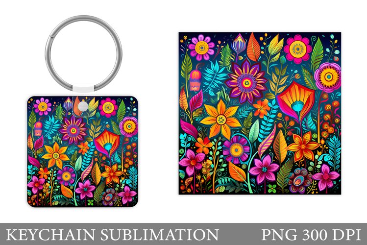 Flowers Keychain Sublimation. Neon Flowers Keychain Template