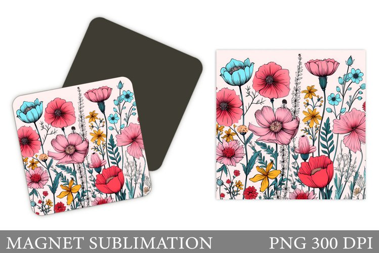 Flowers Square Magnet. Boho Wildflowers Magnet Sublimation