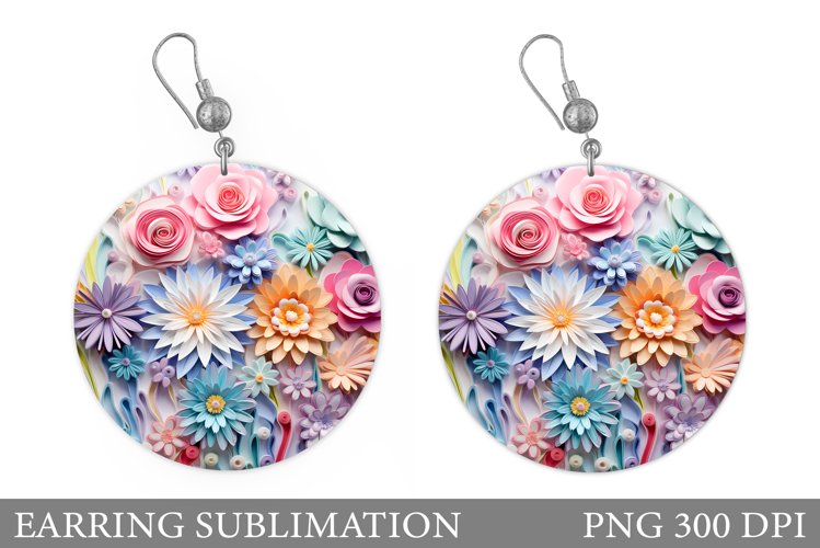 3D Flowers Earring Sublimation. Flowers Round Earring example image 1