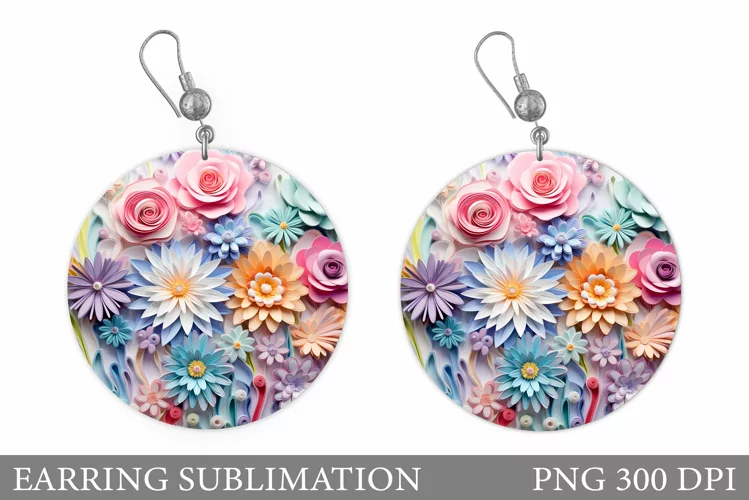 3D Flowers Earring Sublimation. Flowers Round Earring