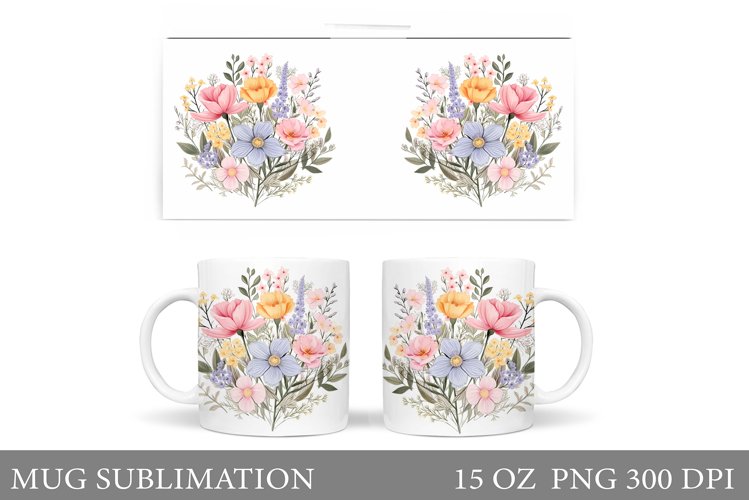 Wildflowers Mug Sublimation. Flowers Mug Wrap Template