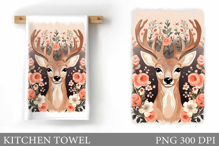 Cute Deer Kitchen Towel. Deer Flowers Kitchen Towel Design
