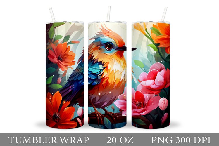 3D Bird Tumbler Sublimation. Bird Flowers Tumbler Design