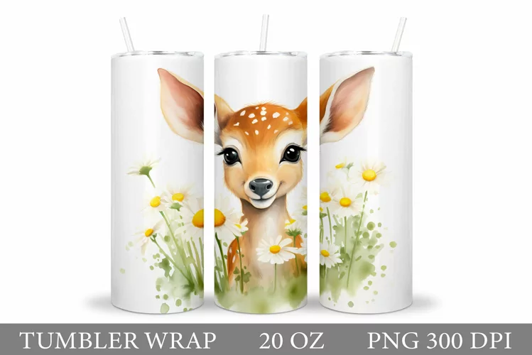 Cute Deer Tumbler Wrap Design. Flowers Tumbler Sublimation