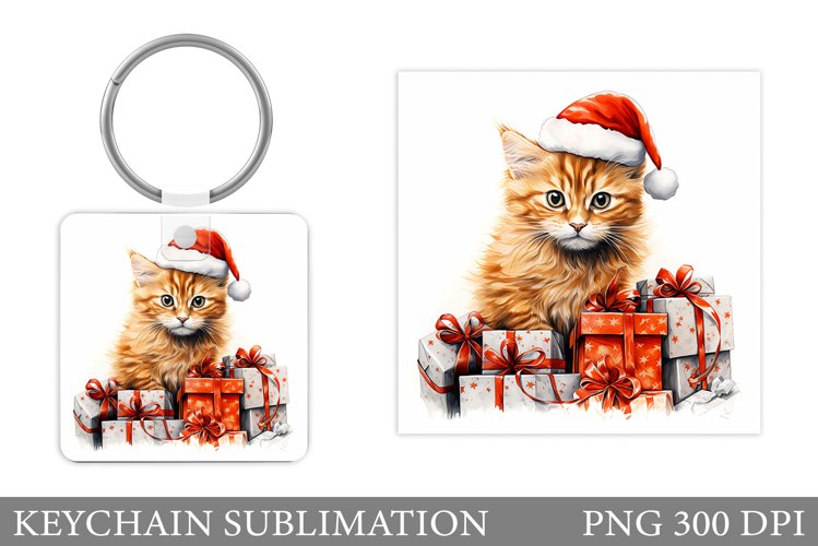 Christmas Cat Keychain. Cute Cat Keychain Sublimation