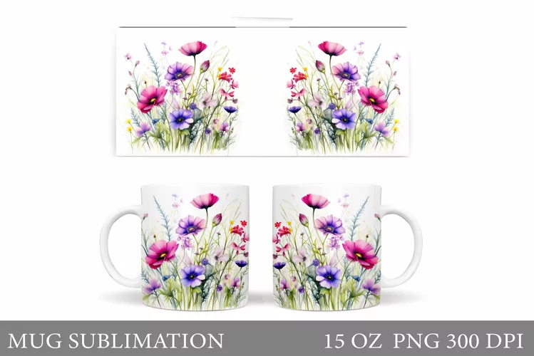 Flowers Mug Sublimation. Wildflowers Mug Wrap Design