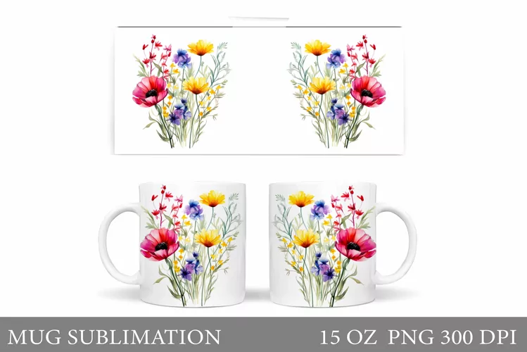 Wildflowers Mug Wrap Design. Flowers Mug Sublimation