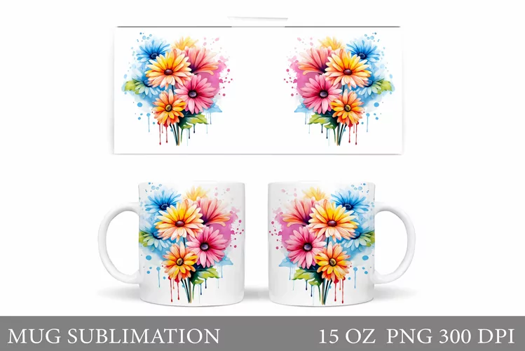 Gerbera Flowers Mug Wrap. Flowers Mug Sublimation