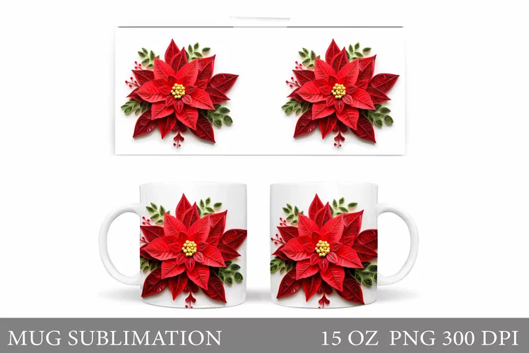 Poinsettia Mug Sublimation. Poinsettia Flowers Mug