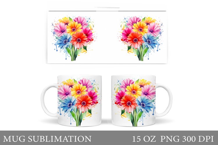 Gerbera Flowers Mug Sublimation. Flowers Mug Wrap Design example image 1