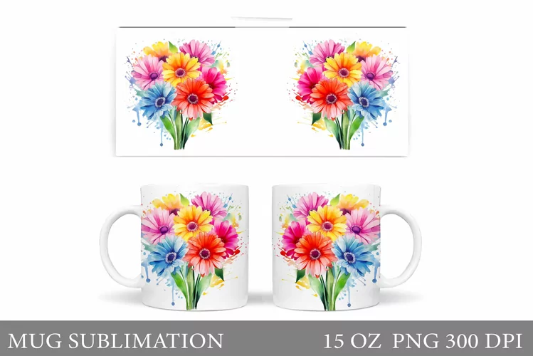 Gerbera Flowers Mug Sublimation. Flowers Mug Wrap Design