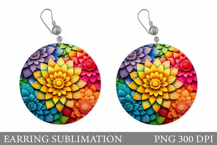 3D Flowers Earring Sublimation. Flowers Round Earring