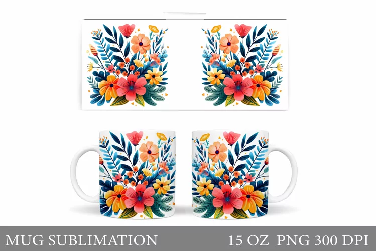 Flowers Mug Sublimation. Floral Mug Wrap Design