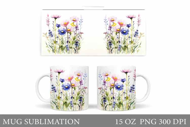 Flowers Mug Wrap Design. Wildflowers Mug Sublimation