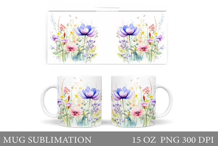 Wildflowers Mug Sublimation. Flowers Mug Wrap Template example image 1