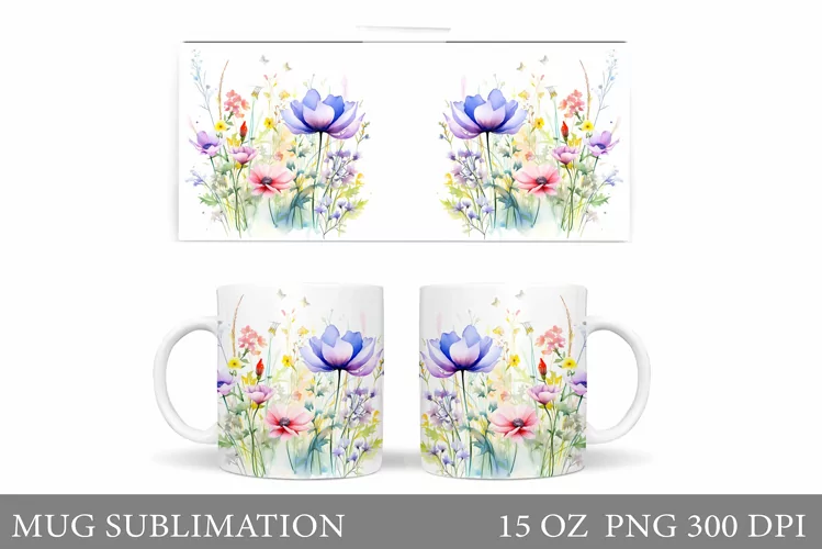 Wildflowers Mug Sublimation. Flowers Mug Wrap Template