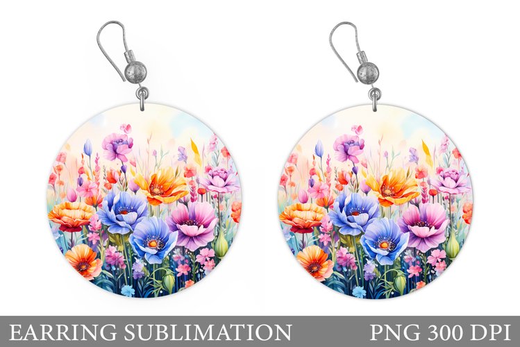 Wildflowers Earring Sublimation. Round Earring Flowers