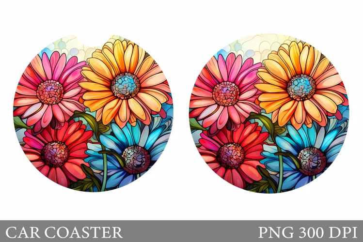 Rainbow Flowers Car Coaster. Stained Glass Car Coaster