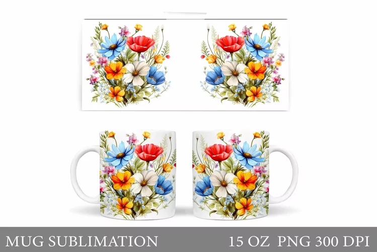 Wildflowers Mug Sublimation. Flowers Mug Wrap Design