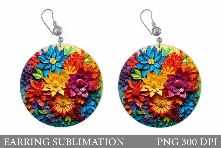 3D Flowers Earring Design. Flowers Round Earring Template