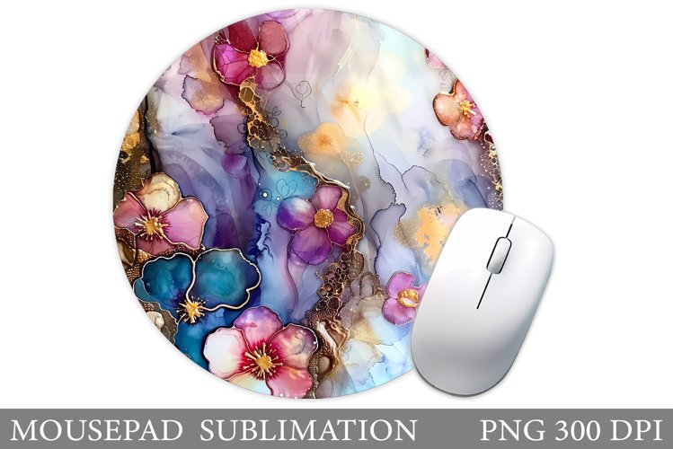 Alcohol Ink Mouse Pad. Flowers Round Mouse Pad Design
