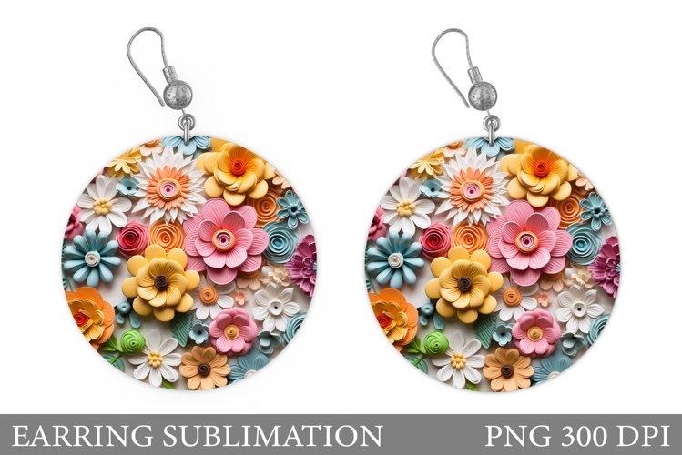 3D Flowers Earring Sublimation. Flowers Round Earring Design example image 1