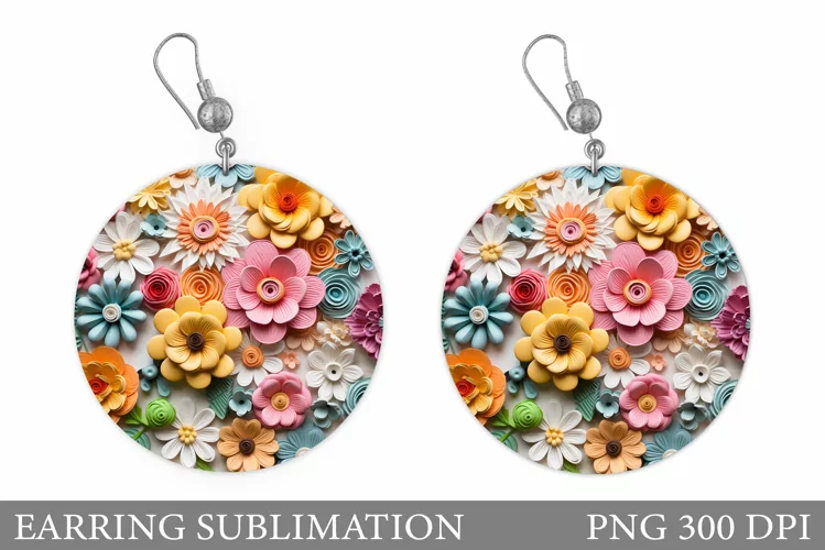 3D Flowers Earring Sublimation. Flowers Round Earring Design