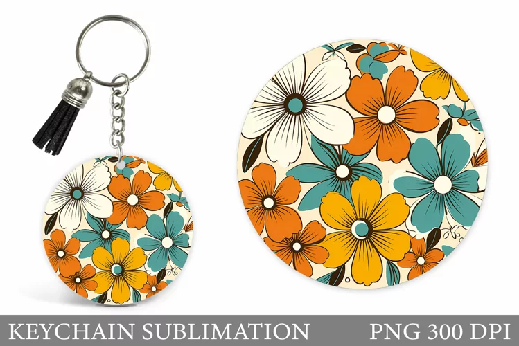 Flowers Keychain Sublimation. Floral Round Keychain Design