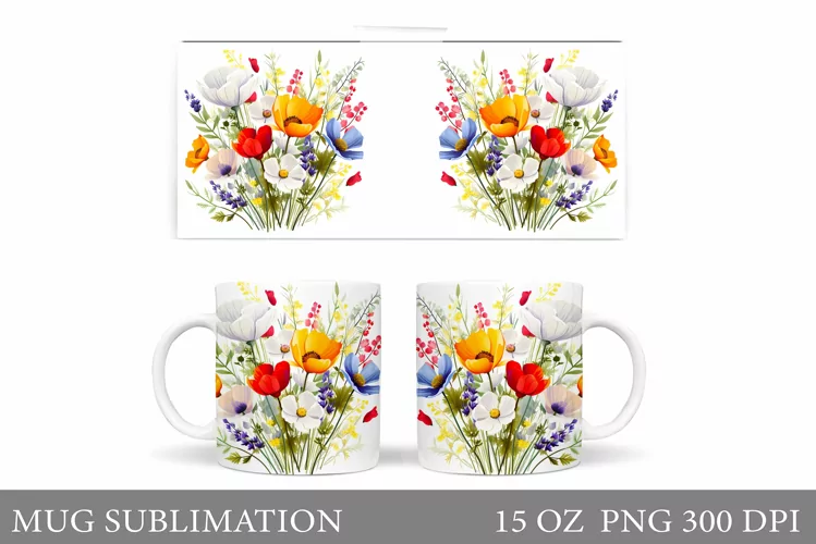 Flowers Mug Sublimation. Floral Mug Wrap Design