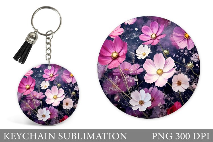 Flowers Keychain Sublimation. Floral Round Kseychain Design example image 1