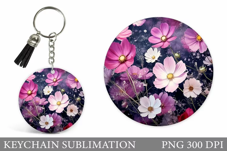 Flowers Keychain Sublimation. Floral Round Kseychain Design