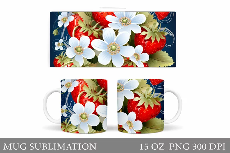 Strawberry Mug Sublimation. Flowers Mug Design
