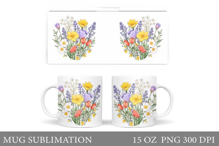 Wildflowers Mug Sublimation. Flowers Mug Wrap Design example image 1