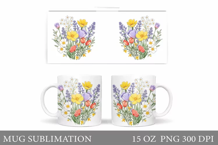 Wildflowers Mug Sublimation. Flowers Mug Wrap Design