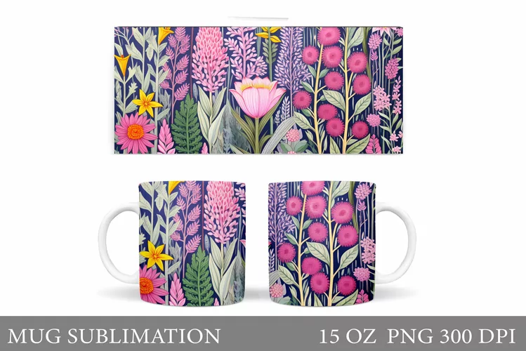 Wildflowers Mug Sublimation. Flowers Mug Wrap Design