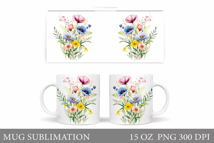 Wildflowers Mug Sublimation. Flowers Mug Wrap Design