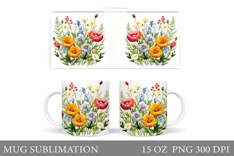 Flowers Mug Wrap Design. Wildflowers Mug Sublimation