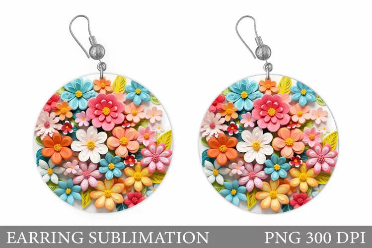3D Flowers Earring Design. Flowers Round Earring Template