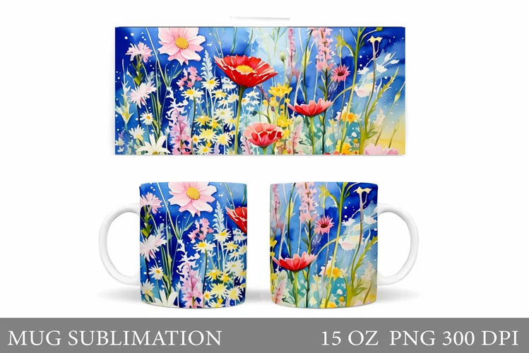 Flowers Mug Wrap Design. Wildflowers Mug Sublimation