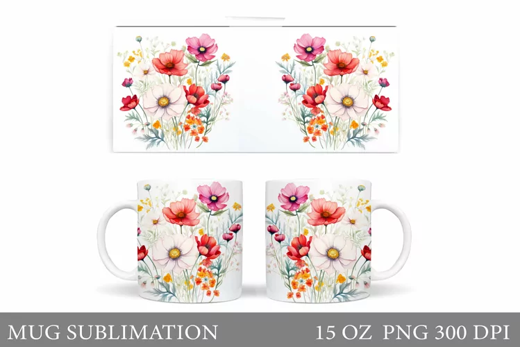 Wildflowers Mug Design. Flowers Mug Wrap Sublimation