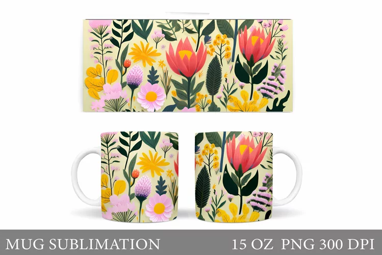 Flowers Mug Wrap Design. Wildflowers Mug Sublimation