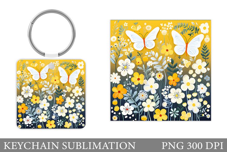Square Keychain Flowers. Butterflies Keychain Sublimation