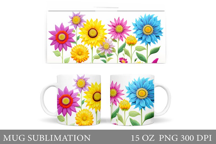 Sunflowers Mug Sublimation. Colorful Flowers Mug Wrap Design