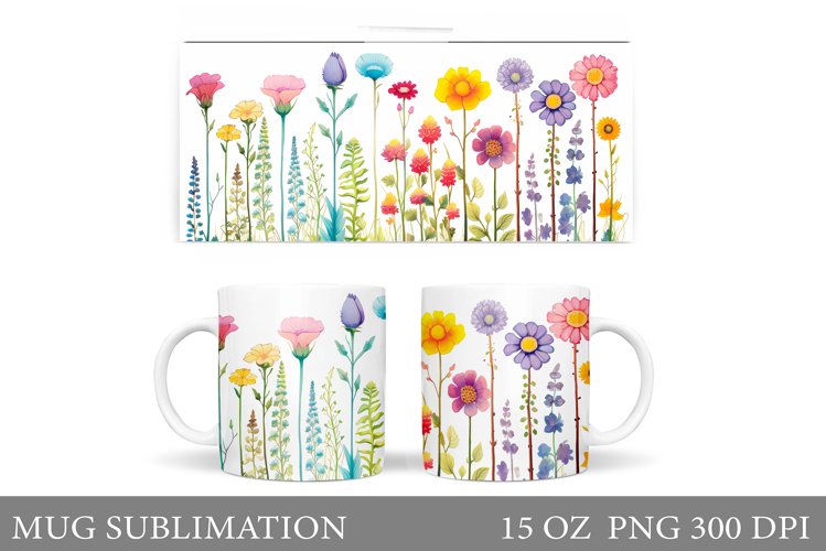 Wildflowers Mug Sublimation. Flowers Mug Wrap Template