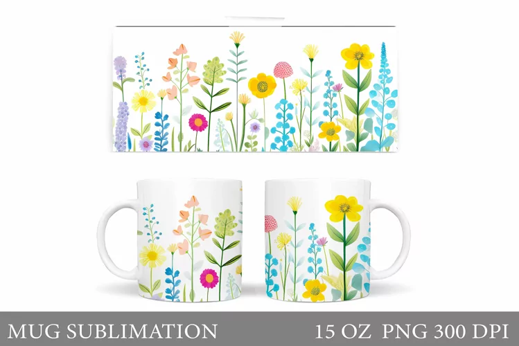 Flowers Mug Wrap Design. Wildflowers Mug Sublimation