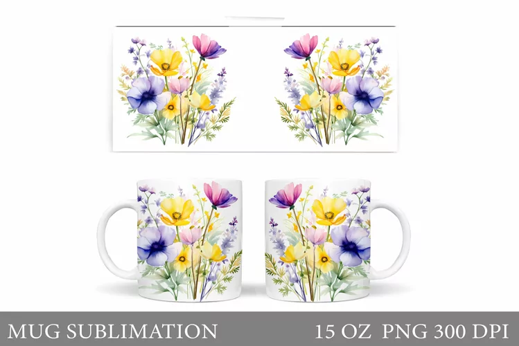 Flowers Mug Wrap Design. Wildflowers Mug Sublimation