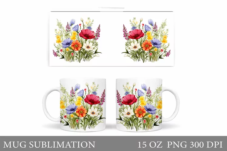 Flowers Mug Wrap Design. Wildflowers Mug Sublimation